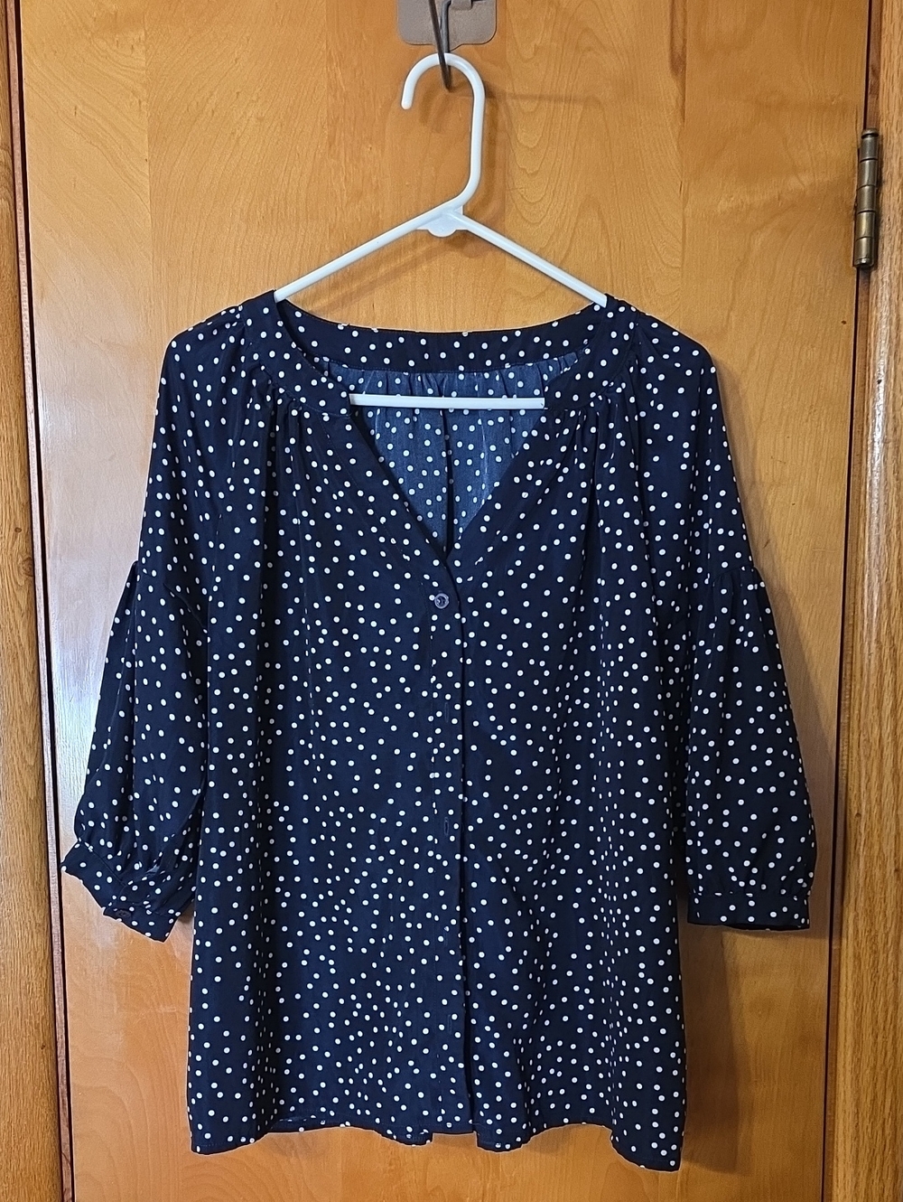 Navy Polka Dot Button-Front Blouse - Casual V-Neck